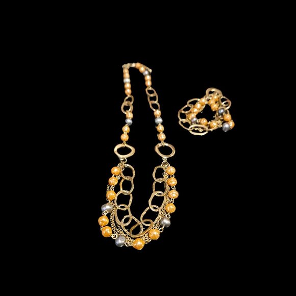Premier Designs “Atlantis” Necklace & Bracelet Set – Gold Tones & Beaded Accents - Picture 1 of 6